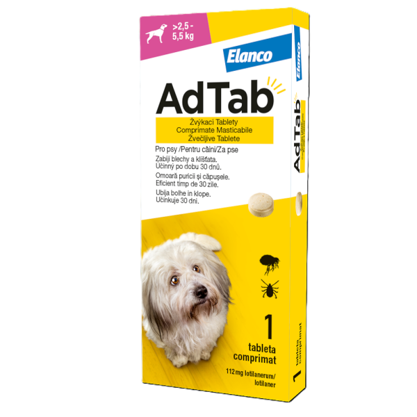 Antiparazitar oral pentru caini 2.5-5.5 kg AdTab Dog 112.5 mg, 1 tableta, Elanco