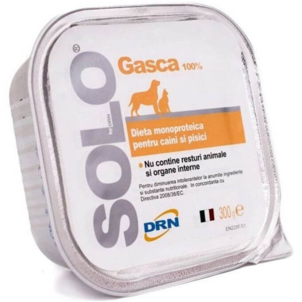 Hrana umeda dietetica monoproteica cu carne de gasca pentru caini si pisici, 300 g, Solo