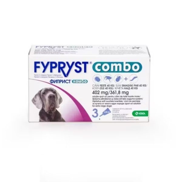 Pipete antiparazitare pentru caini de talie foarte mare 40-60 kg Fypryst Combo, XL 402 mg, 3 pipete, Krka