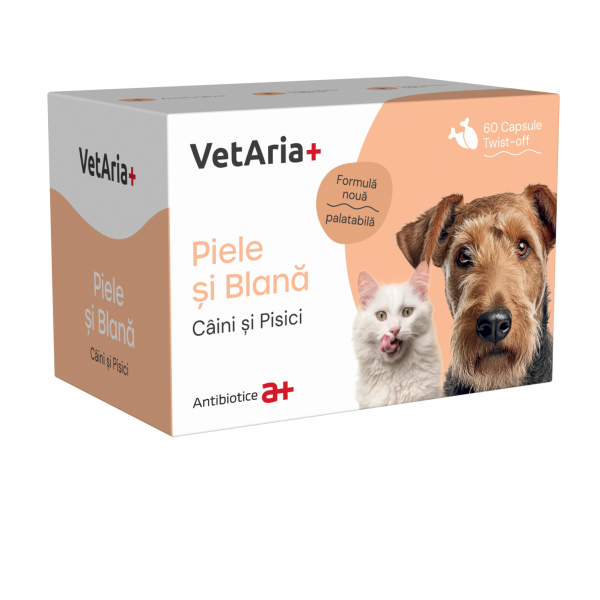 VetAria, Supliment piele si blana, caini si pisici, 60 capsule, twist off