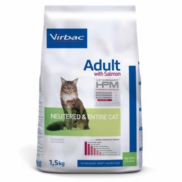 Virbac HPM Adult Neutered & Entired cu Somon pentru pisici, 1.5 kg